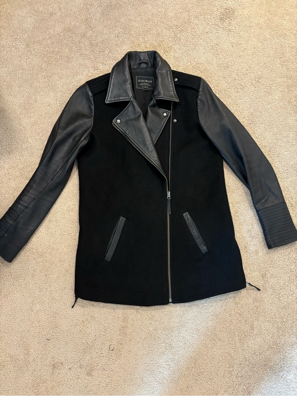Lucky Brand Black Wool-Blend Coat with Leather Sleeves